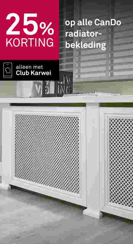 Witte CanDo radiatorbekleding met ruitpatroon in een moderne woonkamer. Tekst: 25% korting, alleen met Club Karwei.