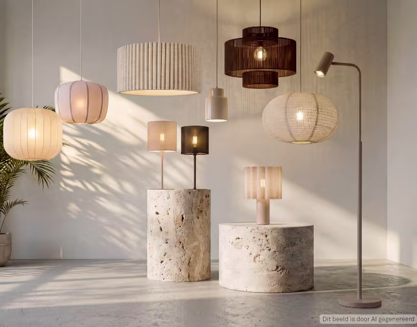 Diverse lampen in natuurlijke kleuren in een kamer, zoals hanglampen, staande lampen en tafellampen
