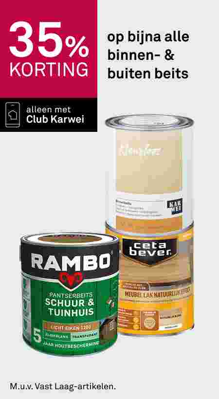 Drie blikken beits: Rambo Schuur & Tuinhuis, Karwei Binnenbeits en Ceta Bever Meubellak. 35% korting met Club Karwei.