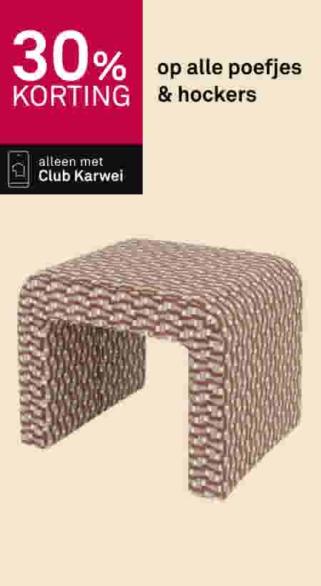 30% korting op alle poefjes en hockers, alleen met Club Karwei. Gevlochten bruine en witte hocker op beige achtergrond.