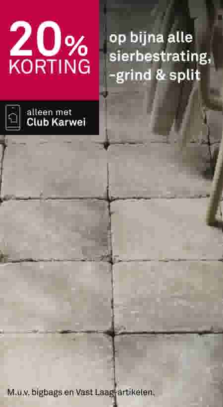 20% korting op sierbestrating met Club Karwei, grijze tegels op terras met tuinstoel