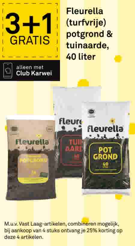 Drie zakken Fleurella grond: turfvrije potgrond 30L, tuinaarde 40L en potgrond 40L. Aanbieding 3+1 gratis, alleen met Club Karwei.