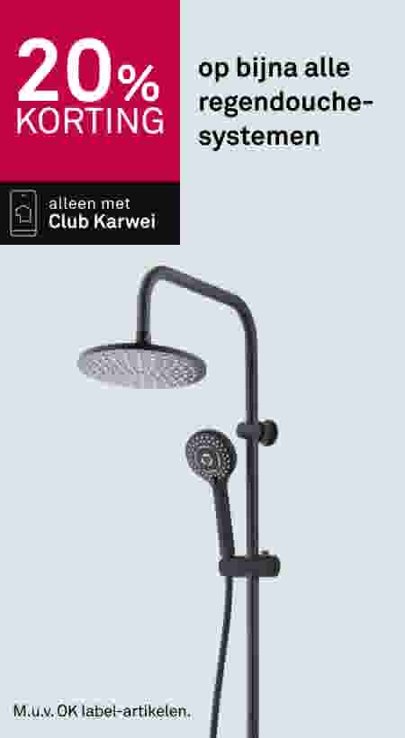 Zwart regendouchesysteem met 20% korting, alleen met Club Karwei, op lichtgrijze achtergrond.