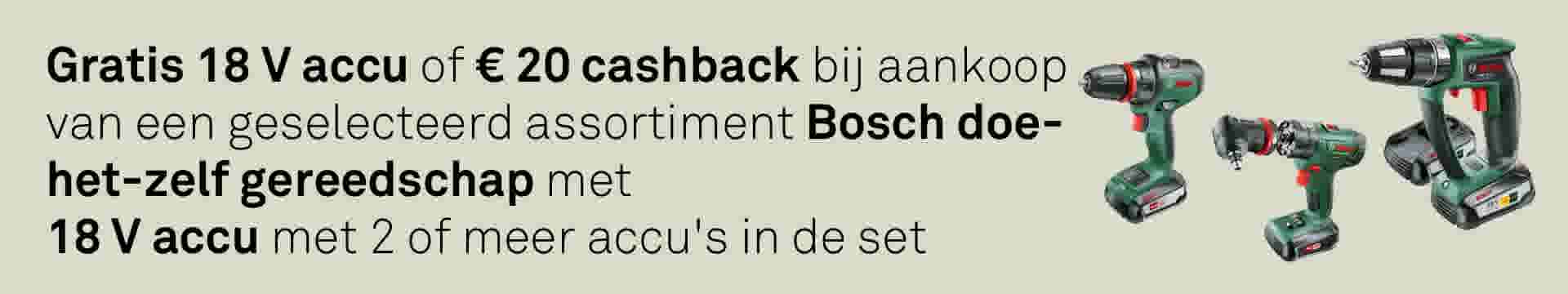 Gratis 18V accu of €20 cashback bij aankoop van een geselecteerd assortiment Bosch doe-het-zelf gereedschap