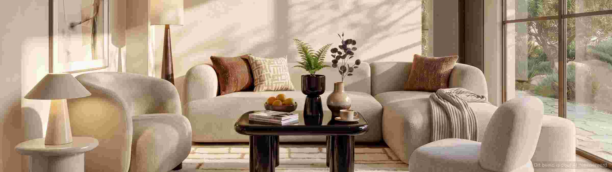 Moderne woonkamer met beige banken, donkere salontafel, planten en natuurlijk licht door grote ramen.