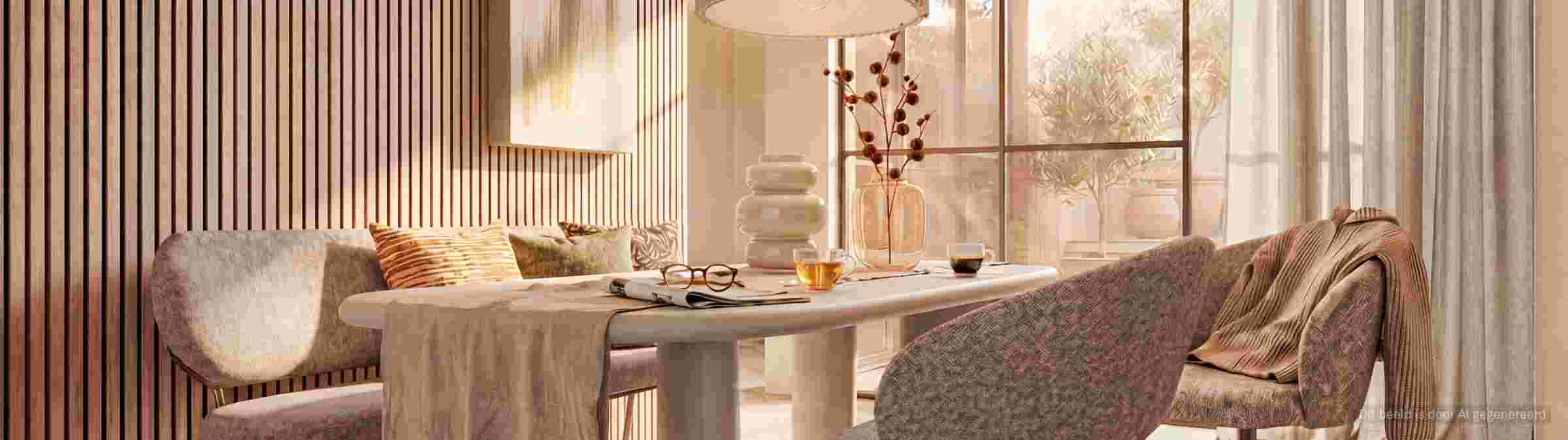 Moderne eetkamer met houten lattenwerk, beige stoelen, ronde tafel met decoratie en grote ramen met natuurlijk licht.