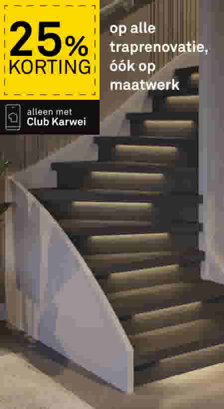Moderne donkergrijze trap met ingebouwde LED-verlichting. Tekst: 25% korting op traprenovatie, ook op maatwerk, alleen met Club Karwei.