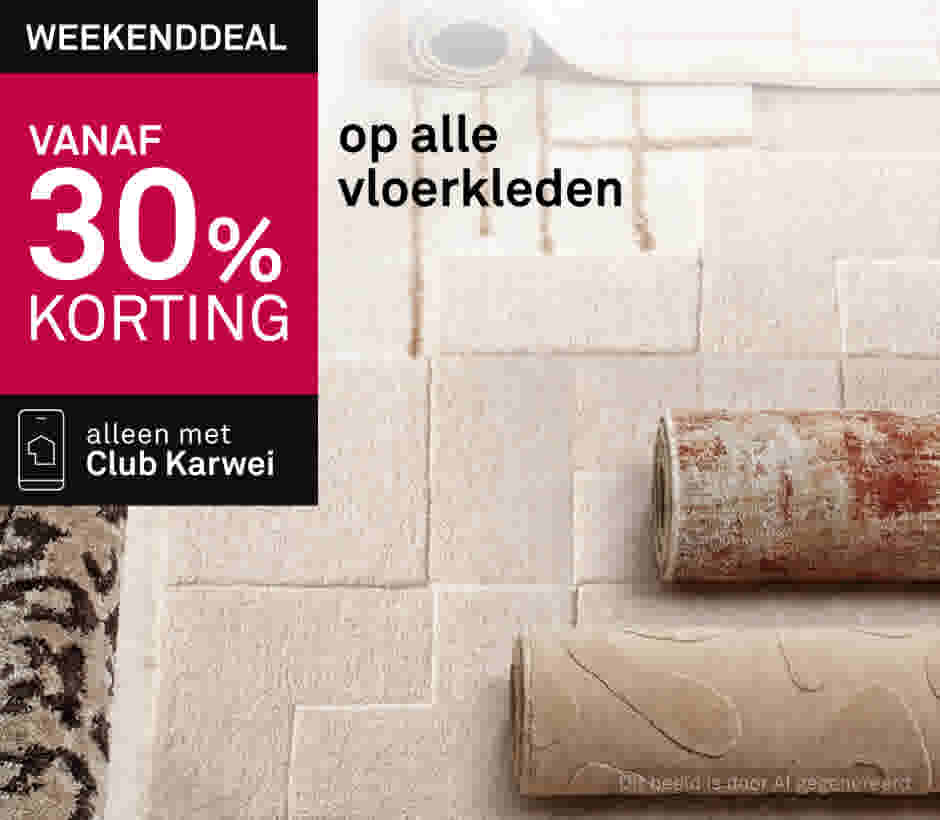 Weekenddeal: vanaf 30% korting op alle vloerkleden, alleen met Club Karwei. Diverse opgerolde kleden in beige en bruintinten.