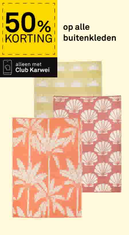 Drie buitenkleden met zomerse prints: palmbomen, schelpen en zon. Kleuren oranje, roze en geel. 50% korting bij Club Karwei.