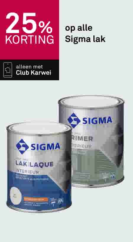 25% korting op alle Sigma lak, alleen met Club Karwei. Twee verfblikken van Sigma Coatings afgebeeld.