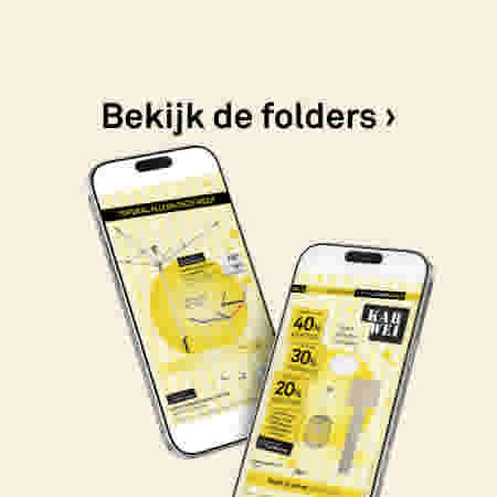 Opengeslagen folder met aanbiedingen, waaronder 40% korting op verf. Tekst bovenaan: Bekijk de folders.