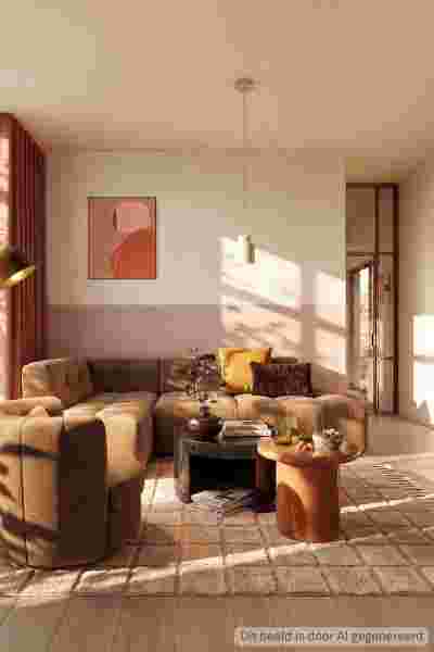 Moderne woonkamer met beige hoekbank, roze muren, abstract kunstwerk en warme zonnestralen door het raam.