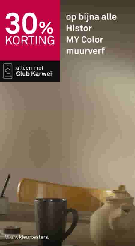 30% korting op Histor MY Color muurverf met Club Karwei, getoond met beige muur en decoratieve items