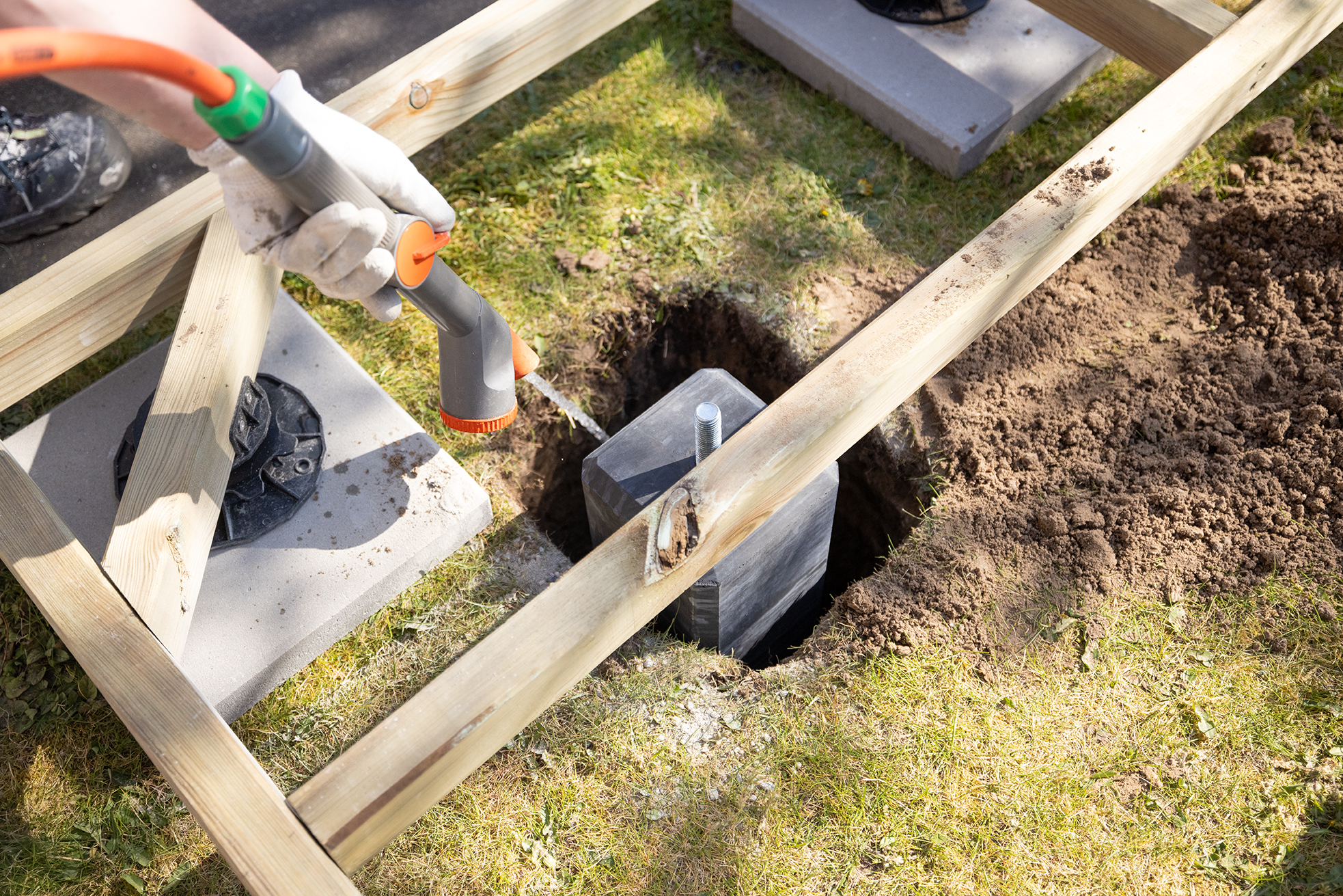 Traditional concrete footing being prepared for a pergola