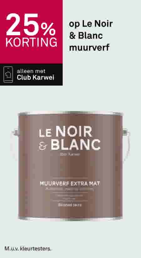 25% korting op Le Noir & Blanc muurverf, alleen met Club Karwei. Verfblik in kleur Blushed terra afgebeeld.
