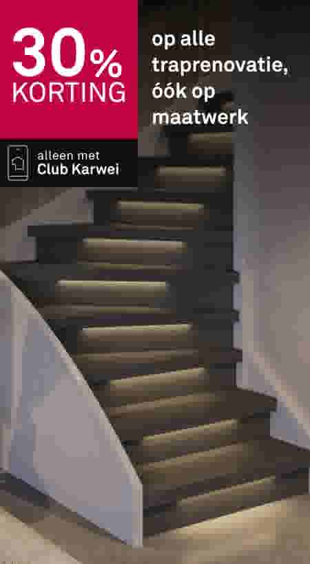 30% korting op traprenovatie. Alleen met Club Karwei. Moderne trap met LED-verlichting onder elke trede.