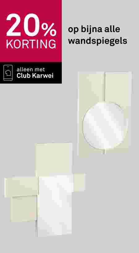 20% korting op bijna alle wandspiegels bij Club Karwei. Twee crèmekleurige wandspiegels: één rechthoekig, één met ronde spiegel.