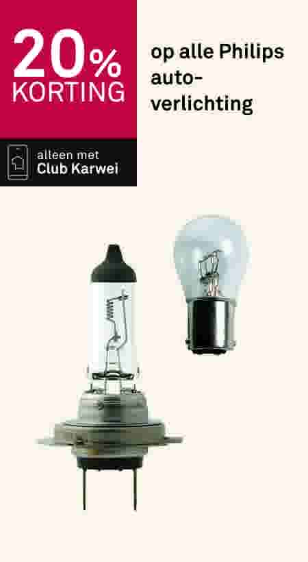 20% korting op alle Philips autoverlichting, alleen met Club Karwei. Twee autolampjes op beige achtergrond.