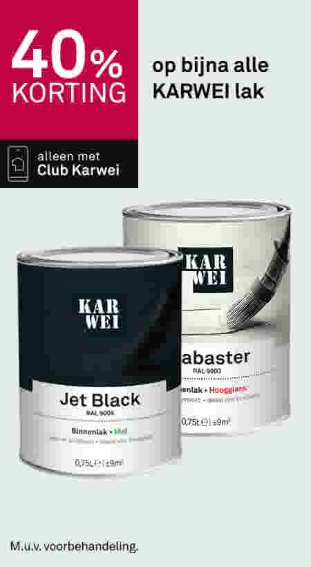 40% korting op bijna alle KARWEI lak, alleen met Club Karwei. Twee verfblikken Jet Black en Alabaster getoond.