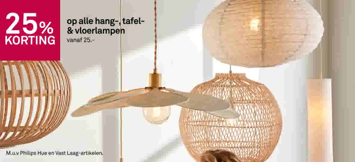 25% korting op alle hang-, tafel- & vloerlampen