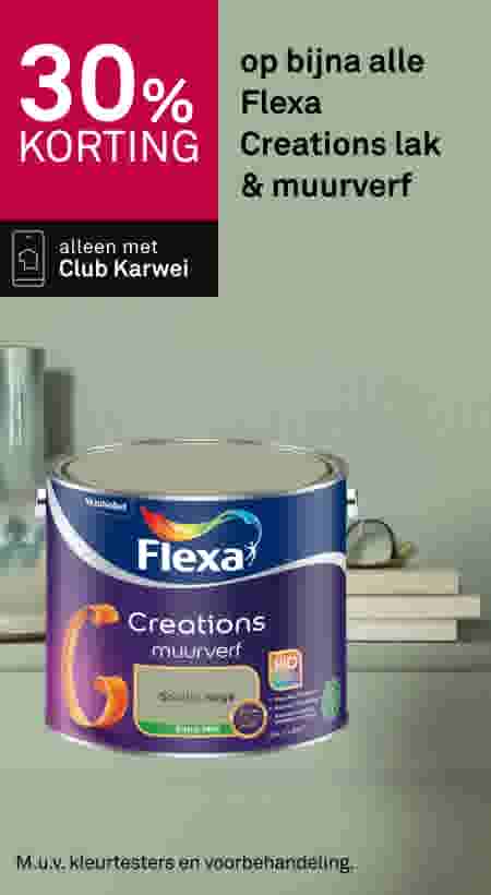 30% korting op Flexa Creations lak en muurverf. Alleen met Club Karwei. Verfblik op plank met decoratie.