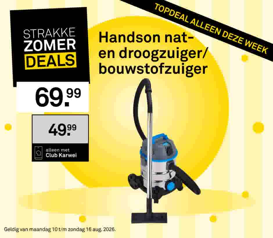 Handson nat- en droogzuiger in grijs, zilver en blauw. Zomerdeal: €49,99 met Club Karwei, normaal €69,99.