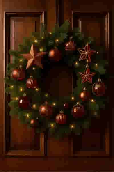 Feestelijke kerstkrans op houten deur met groene takken, rode en gouden ballen, sterren en lichtjes.