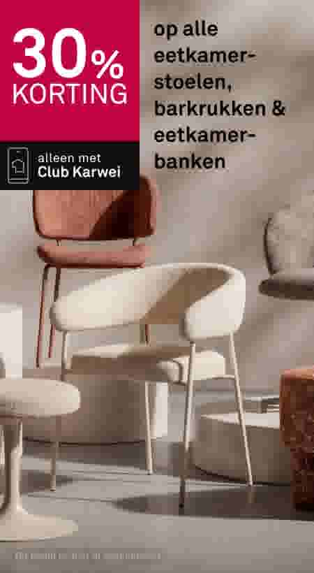 30% korting op eetkamerstoelen, barkrukken en eetkamerbanken. Alleen met Club Karwei. Moderne stoelen in roze en beige tinten.