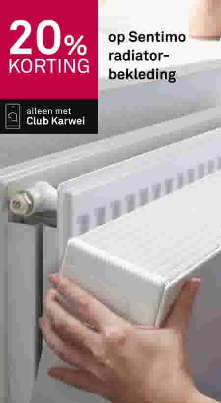 20% korting op Sentimo radiatorbekleding. Alleen met Club Karwei. Hand houdt witte radiator vast.