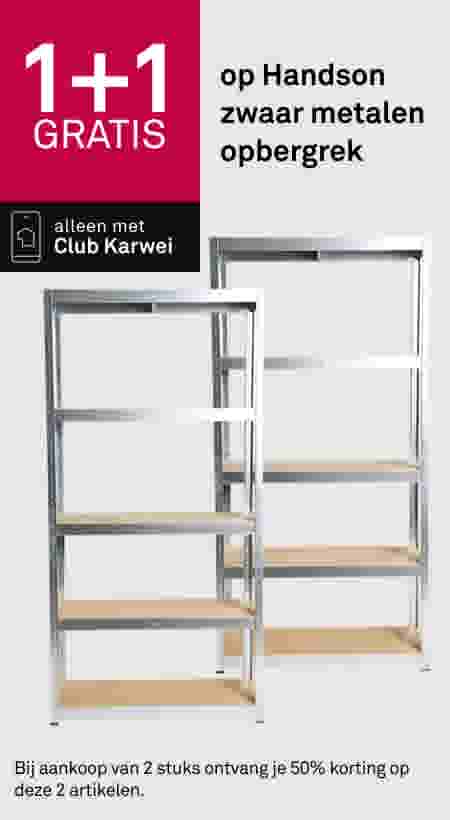 1+1 gratis op Handson zwaar metalen opbergrek, alleen met Club Karwei. Twee metalen stellingkasten met houten planken.
