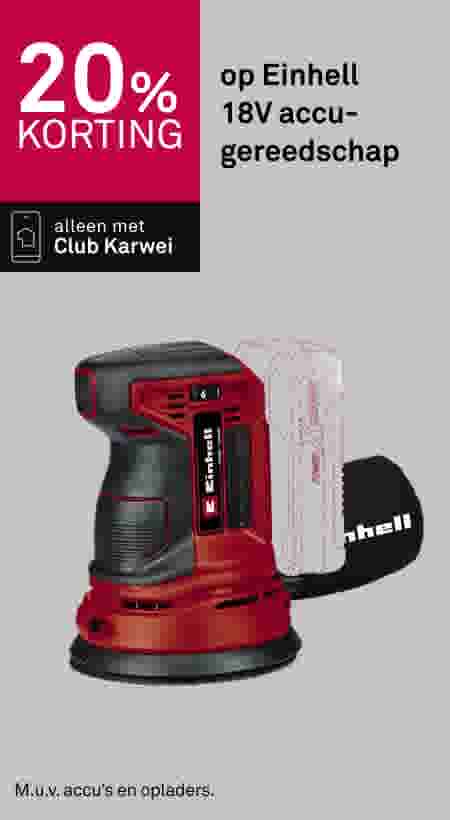 20% korting op Einhell 18V accu-gereedschap, alleen met Club Karwei. Afgebeeld: rood-zwarte excentrische schuurmachine.