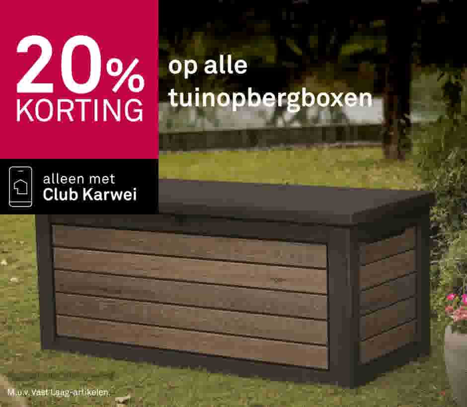 Tuinopbergbox met houtlook in een tuin, promotie van 20% korting alleen met Club Karwei lidmaatschap.