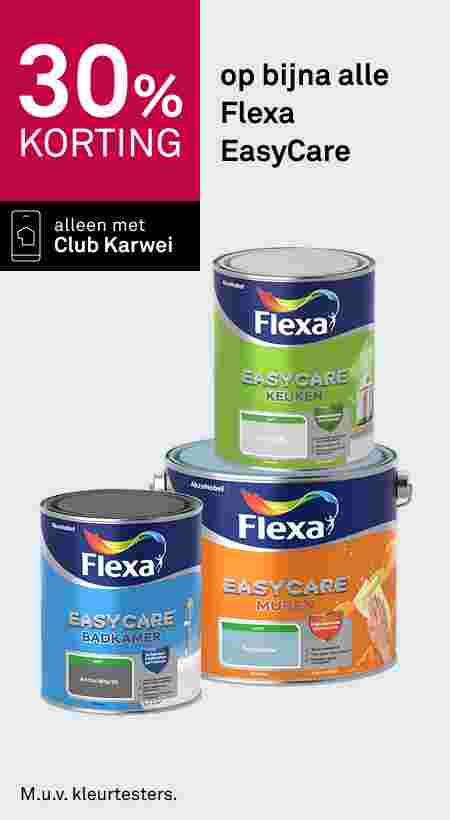 Drie blikken Flexa EasyCare verf: Keuken, Badkamer en Muren. Aanbieding: 30% korting, alleen met Club Karwei.