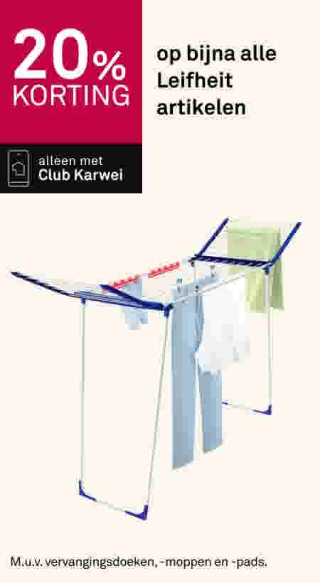 20% korting op bijna alle Leifheit artikelen. Alleen met Club Karwei. Wasrek met kleurrijke was.