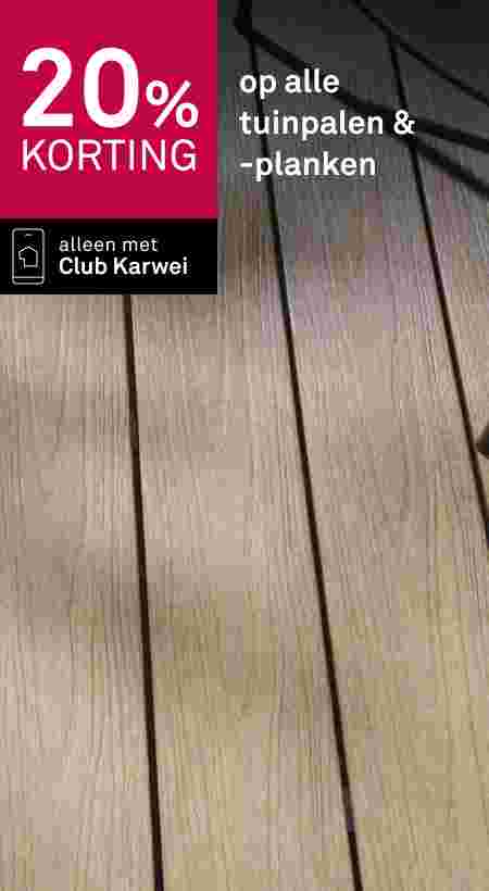 20% korting op alle tuinpalen en -planken bij Karwei, alleen met Club Karwei. Achtergrond toont lichtbruine houten planken.