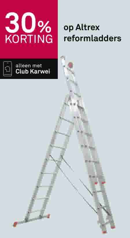 Aluminium reformladder met rode details, 30% korting banner, alleen met Club Karwei lidmaatschap.
