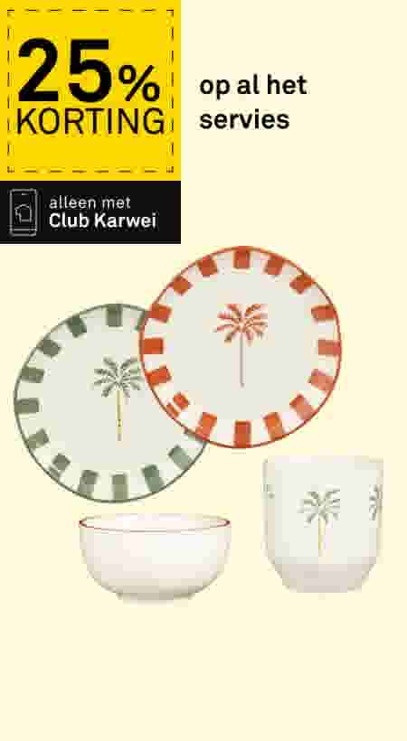 Serviesset met palmboommotief: twee borden (groen en oranje rand), een kom en een beker. 25% korting, alleen met Club Karwei.