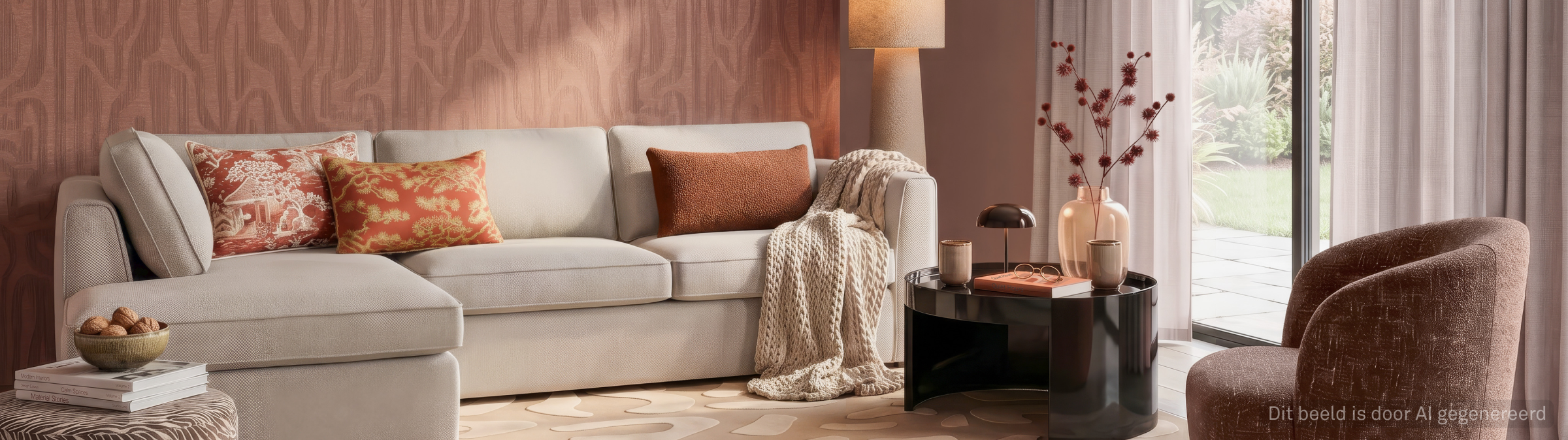 Moderne woonkamer met beige bank, oranje kussens, zwarte salontafel en bruine fauteuil bij groot raam met gordijnen.