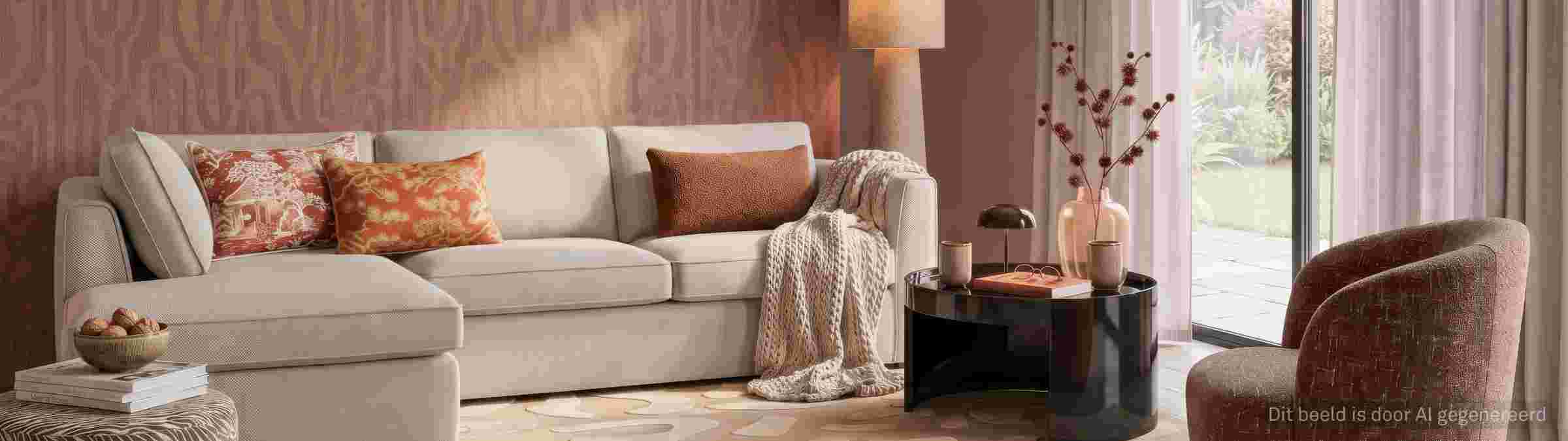 Moderne woonkamer met beige bank, oranje kussens, zwarte salontafel en bruine fauteuil bij groot raam met gordijnen.