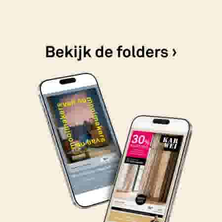 Twee smartphones tonen digitale folders met ramen en vloeren, met tekst 'Bekijk de folders' erboven op beige achtergrond.