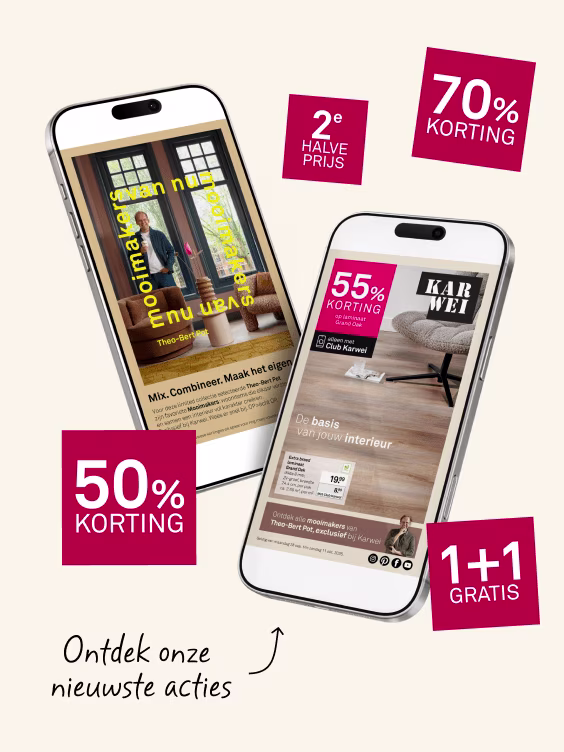 Twee smartphones tonen meubelacties met kortingslabels: 50%, 70%, 30% korting, 2e halve prijs en 1+1 gratis aanbiedingen.