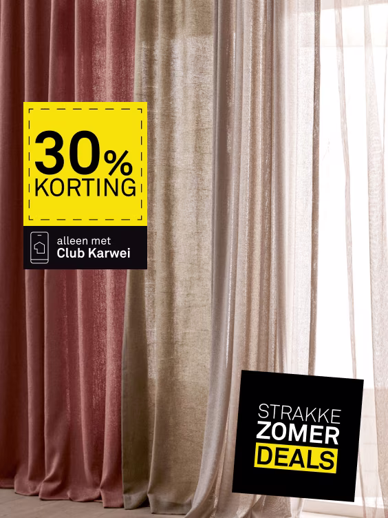 Op alle maatwerk (vouw)- gordijnen 30% korting via Club Karwei. Strakke Zomer Deals aanbieding.