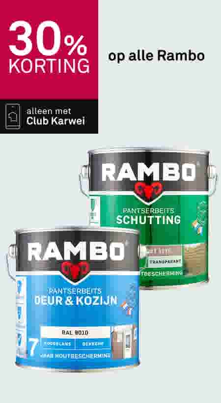 30% korting op alle Rambo verfproducten, alleen met Club Karwei. Twee verfblikken afgebeeld.