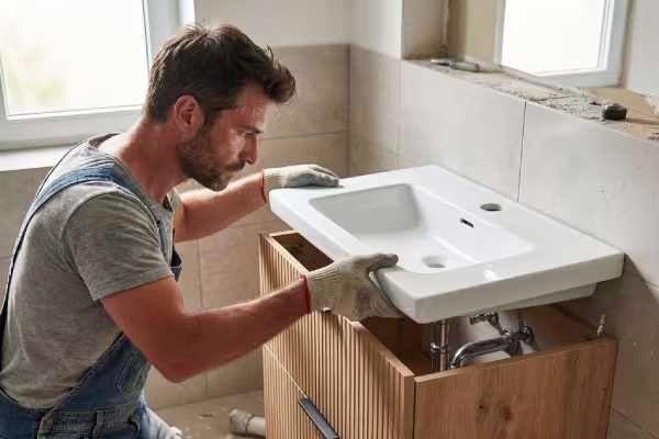 Een man in werkkleding installeert een witte wastafel op een houten wastafelonderkast.