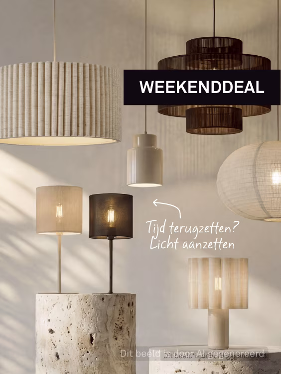 Verschillende verlichtingsarmaturen in beige en bruintinten met tekst 'WEEKENDDEAL' op neutrale achtergrond.