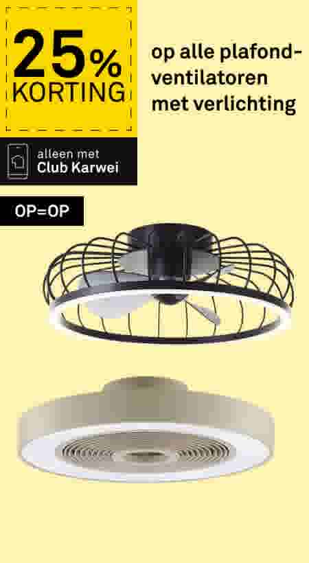 25% korting op plafondventilatoren met verlichting bij Club Karwei. Twee modellen: zwart open rooster en beige gesloten design.