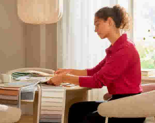 Karwei adviseur zit aan een tafel bij iemand thuis en bekijkt raamdecoratie kleurstalen 