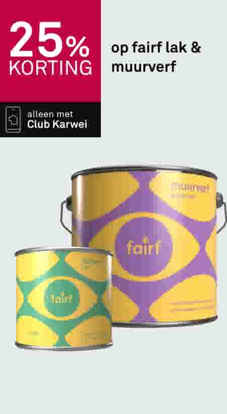 25% korting op fairf lak en muurverf, alleen met Club Karwei. Twee verfblikken met kleurrijk retro design.