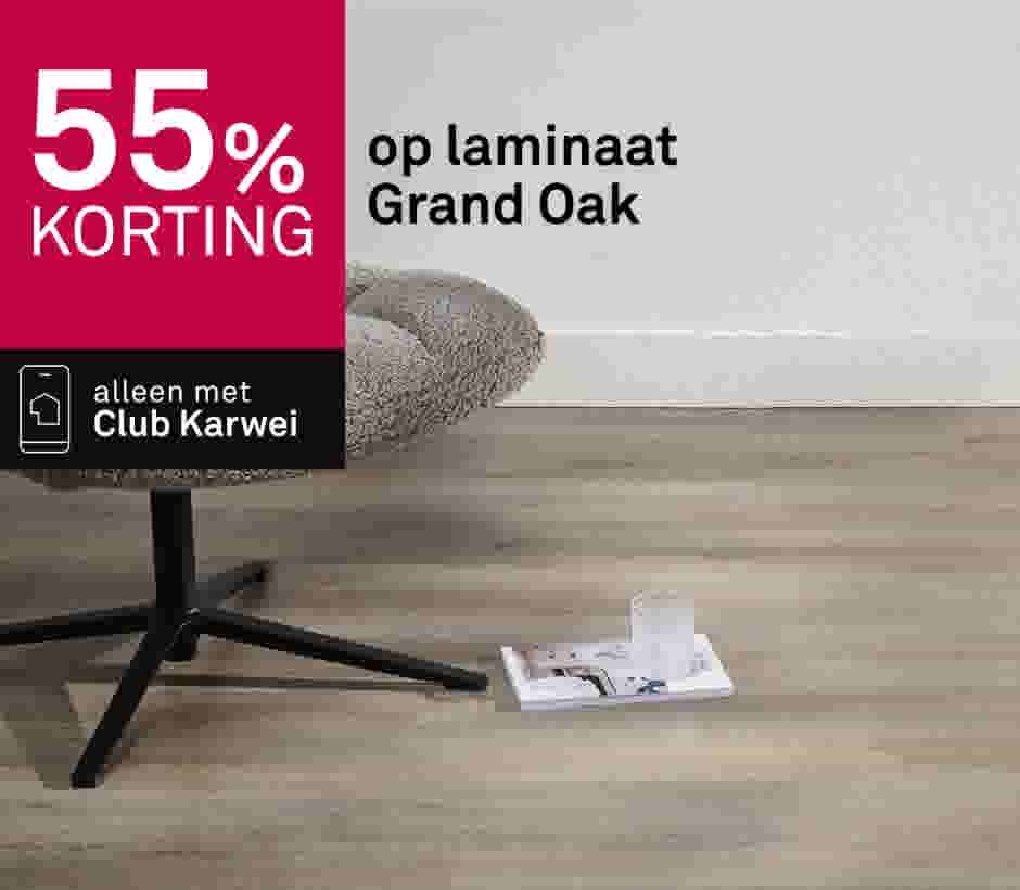 55% korting op laminaat Grand Oak. Alleen met Club Karwei. Moderne woonkamer met stoel en tijdschrift.