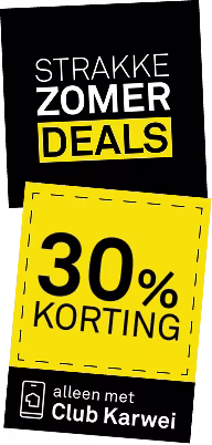 Zwart-gele advertentie met tekst: Strakke Zomerdeals, 30% korting, alleen met Club Karwei.